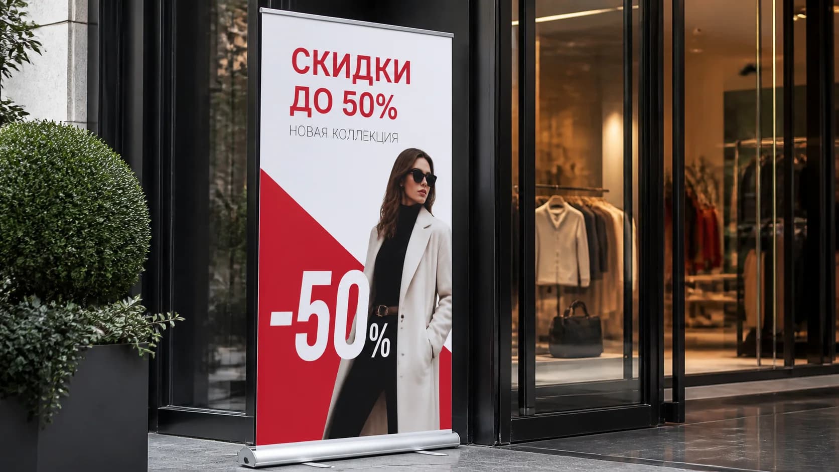 Ролл-ап баннер распродажи у бутика одежды — «Скидки до 50%»